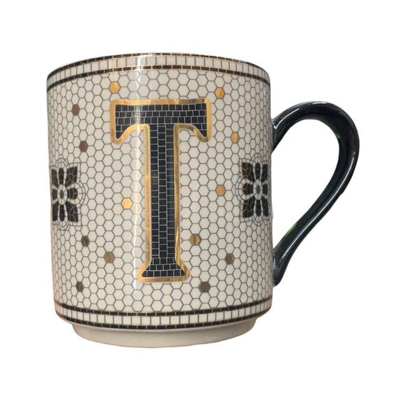 Anthropologie initial letter T Mug Black Gold Honeycomb Mosaic Tile Mug - Picture 1 of 6